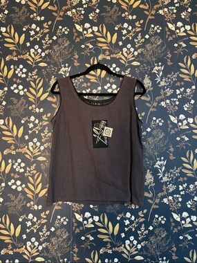 Vintage Fenini Sleeveless Brown Tank Top with Embroidered Patch Linen Size M